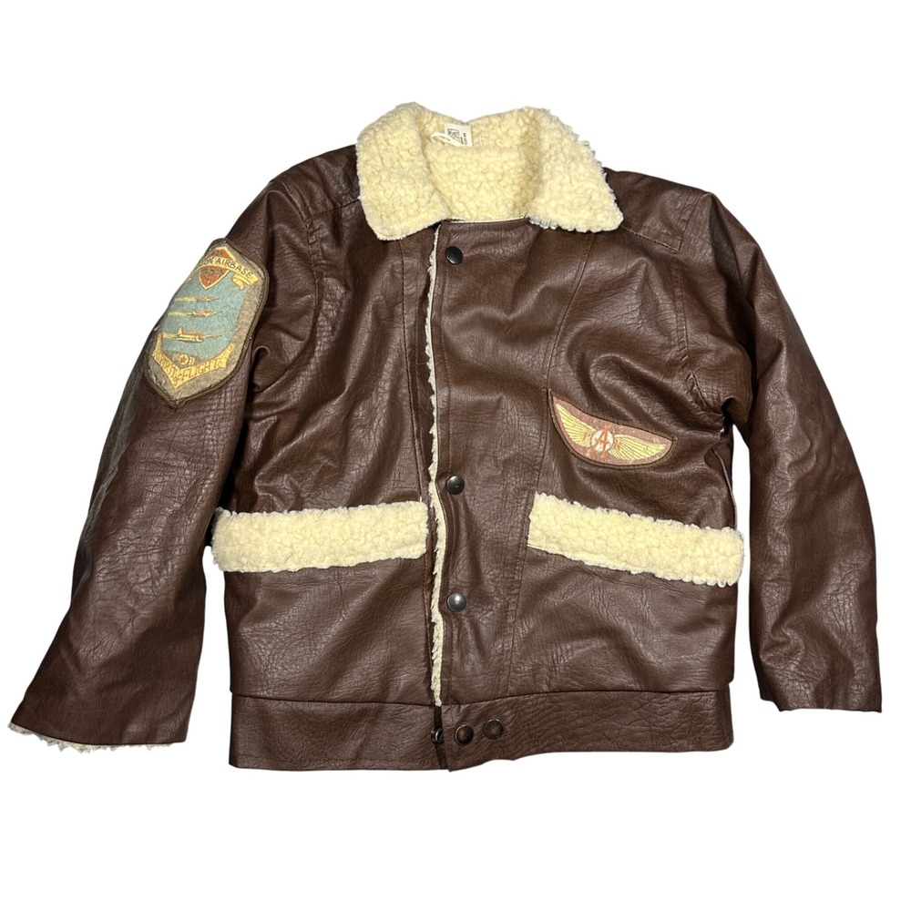 Vintage 80s Dakota Bomber Squadron Leather Sherpa Aviator Flight Jacket Brown
